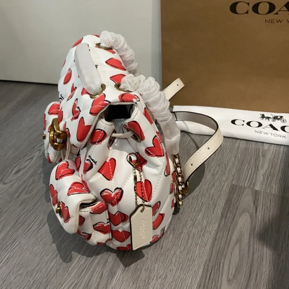 Coach White Leather Mini Bag with Red Heart Print